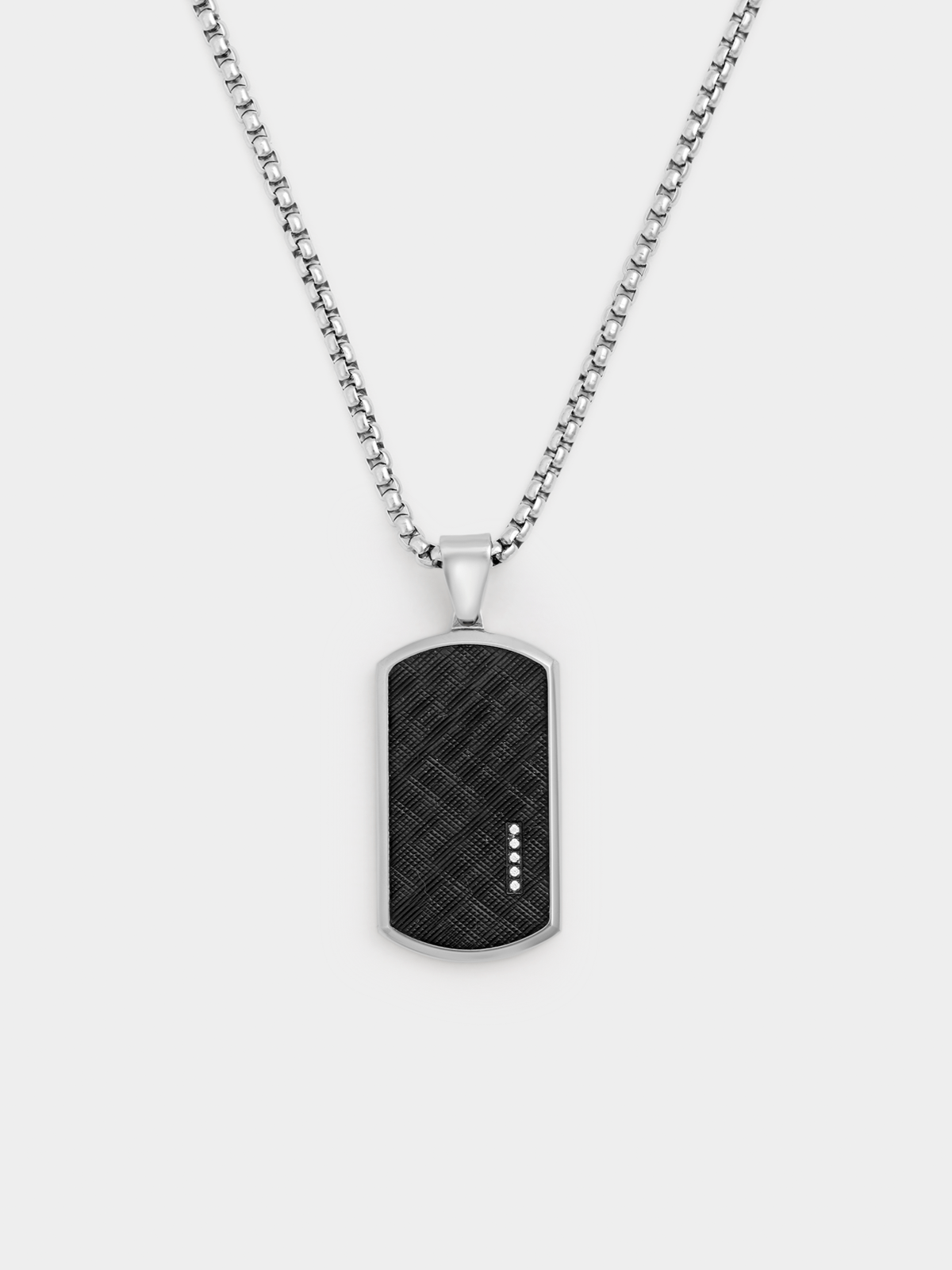 Stainless Steel Men’s Cubic Zirconia Black Textured Dog Tag Pendant And Chain 55cm