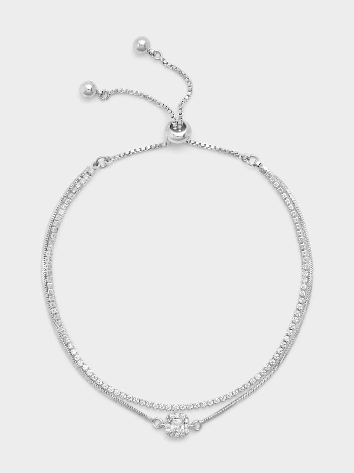 Rhodium Plated Cubic Zirconia Cushion Slider Bracelet