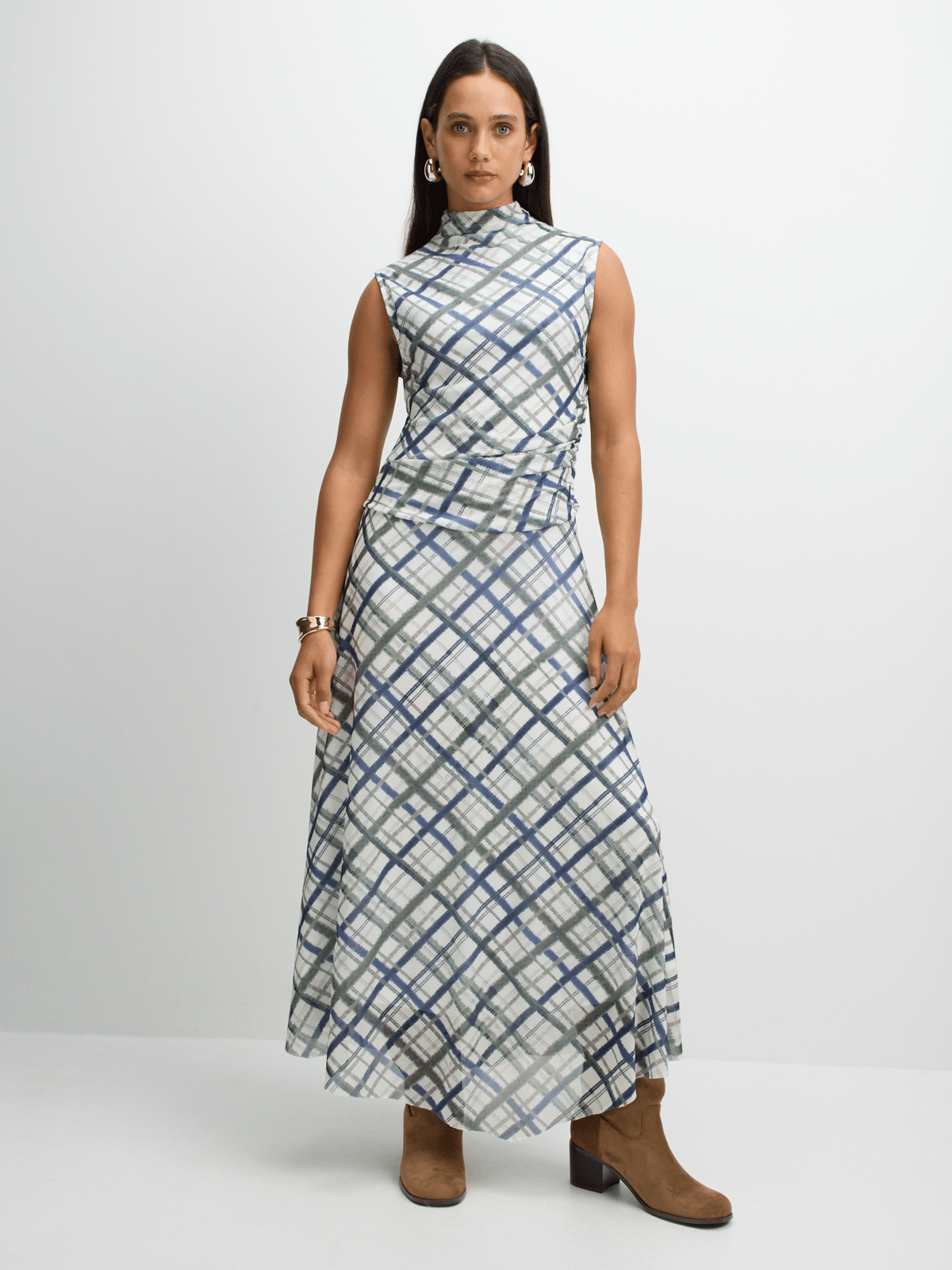 Exact Women's White Checked Mesh Dress