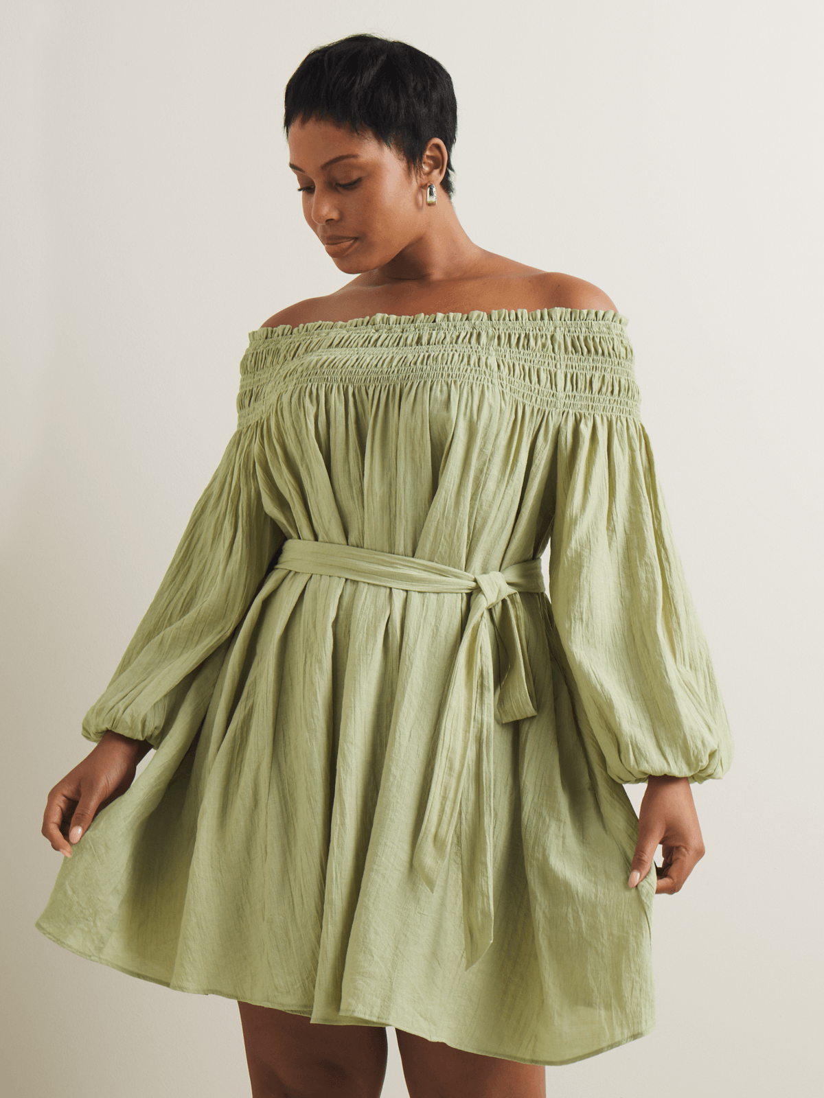 Women's Iconography Smocked Off Shoulder Dress