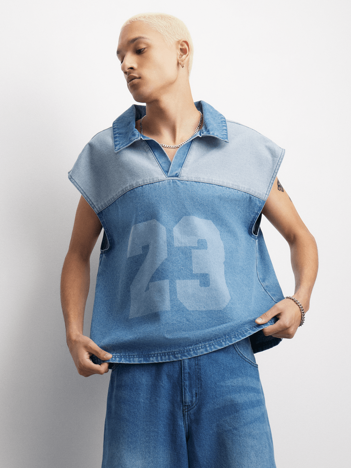The FIX Men's Medium Wash Sleeveless Denim Shirt